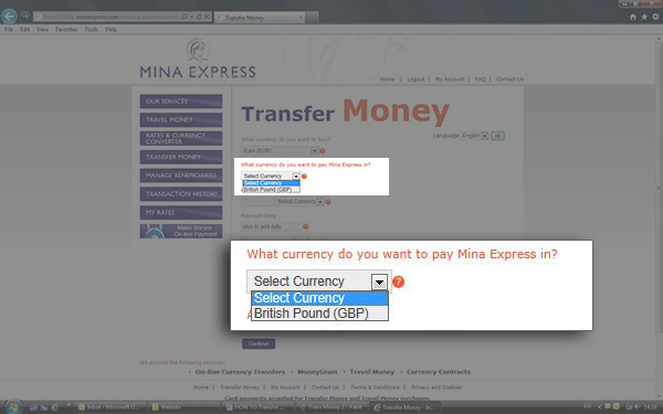 Select the CURRENCY you wish to PAY Mina Express in Select the CURRENCY you wish to PAY Mina Express in